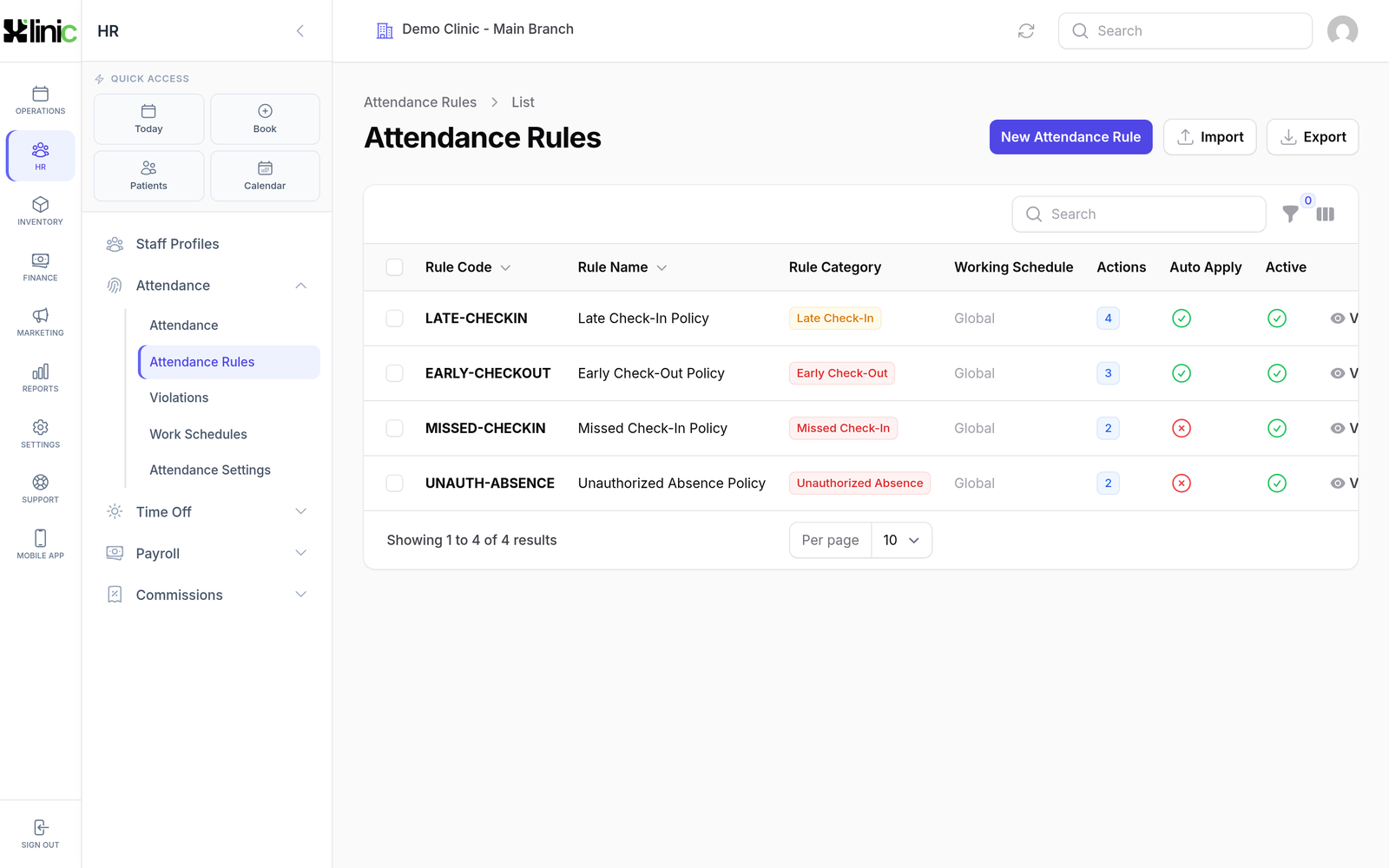 Attendance rules per shift.