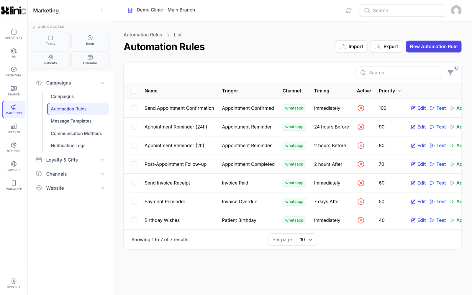 Automation rules with trigger, channel and timing.