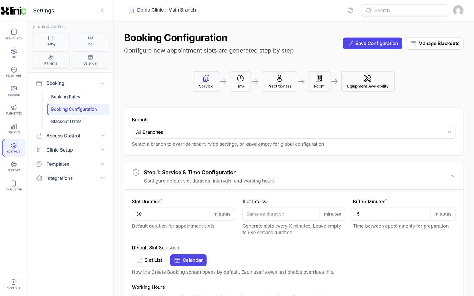 Booking configuration per branch: slot length, lead time, cancellation windows.