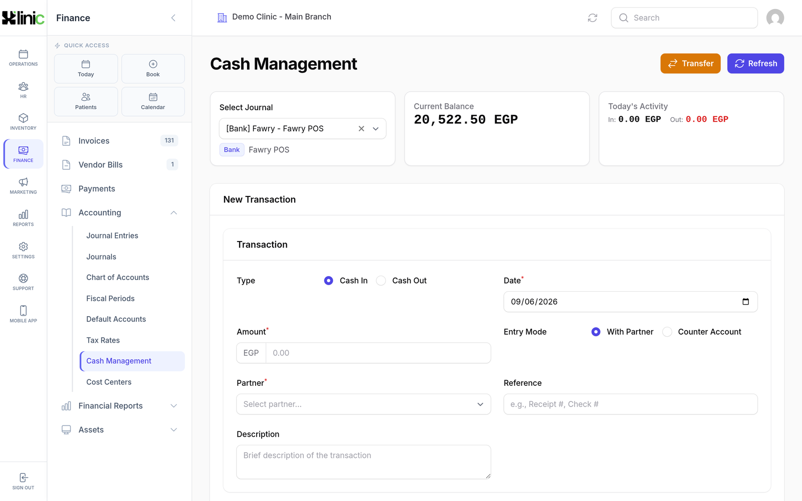 Cash management: a journal per desk or payment provider.