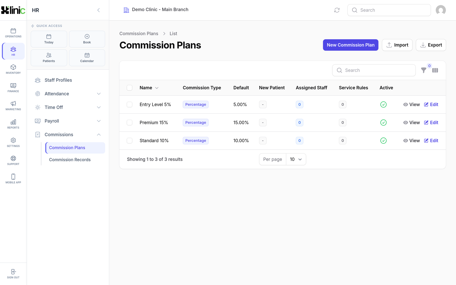 Commission plans with per-service rules.