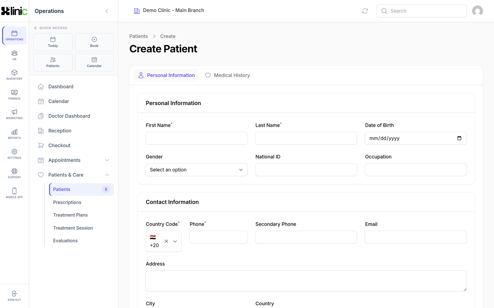 A new patient record: contact, referral source, consents and marketing preferences in one form.