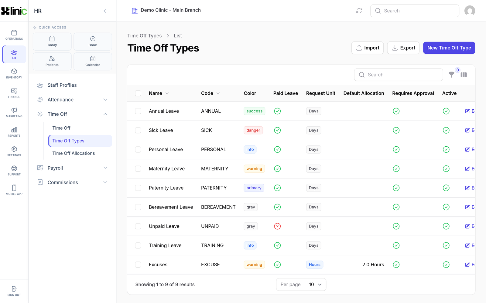 Leave types and allocations.